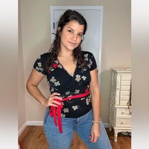 New York & Company Black‎ Floral Wrap Top with Red Sash